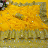 Golden satin Banarasi saree with heavy embroidery, embellished blouse, free size, India origin