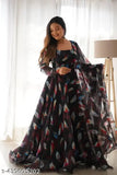 Black georgette printed gown with dupatta on mannequin, elegant Indian evening wear for special occasions