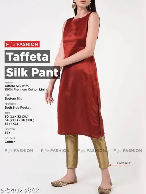 Golden Taffeta Silk Women's Pant with Bottom Slit, ethnic wear for various occasions