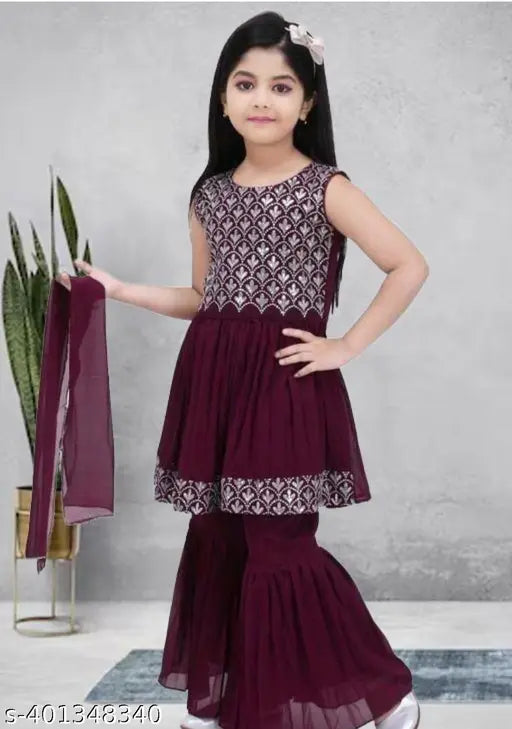 Casual Georgette kurta sets with dupatta, A-line palazzos, embroidered sleeveless, for kids aged 4-11, India origin