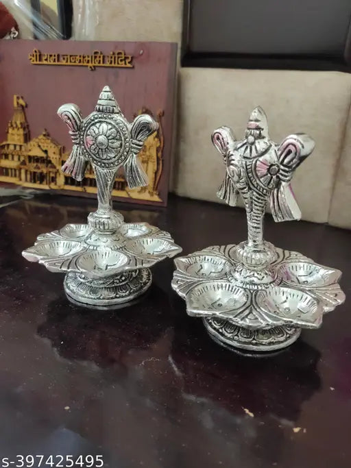 Tirupati Balaji Panch Mukhi silver diya set, ornate Indian god idol with shanku stand on table display, 2 sets each of 9.5cm x 12.5cm x 9.5cm