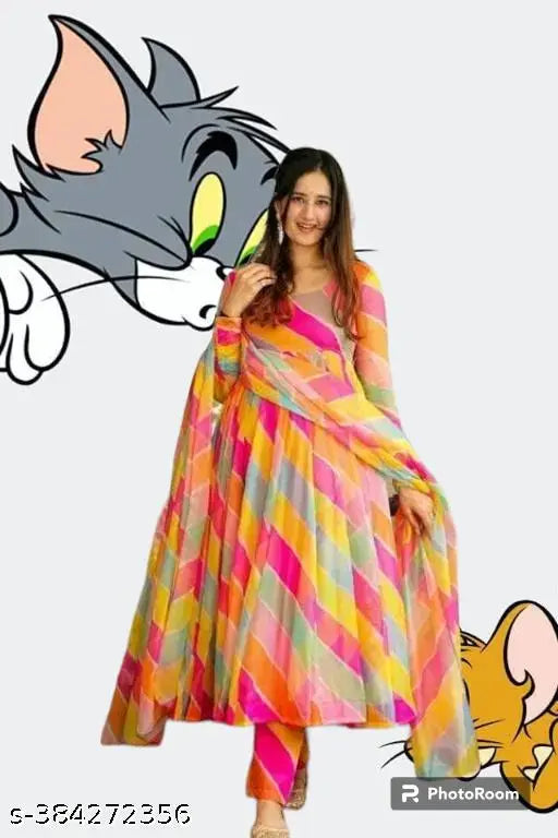 Georgette striped long-sleeve kurti, single size S (36 inch bust), Indian fashion