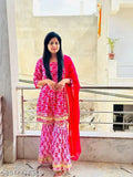 Designer Rayon ethnic set for women - Kurta Sharara with dupatta, printed net festival wear, includes 3 sizes XS, S, M