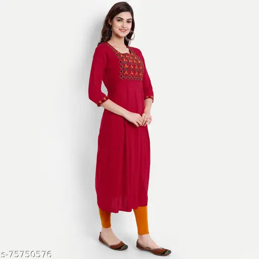 Embroidered rayon kurti-box3-red, three-quarter sleeve Indian ethnic wear for women on display