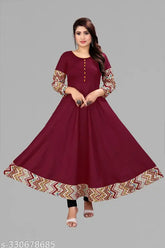 Maroon rayon Anarkali kurti with solid border, three-quarter sleeves - versatile for office or social occasions