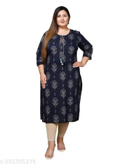Dark blue cotton straight kurta with floral print for plus size women, three-quarter sleeves and available in sizes XXXL to 9XL