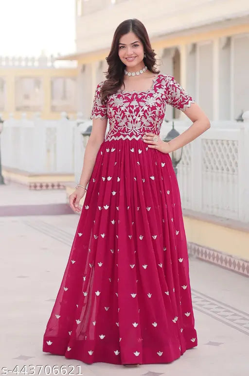 Georgette Anarkali Gown, short sleeves, self-design, S (Bust 36in, Shoulder 14in), Indian fashion