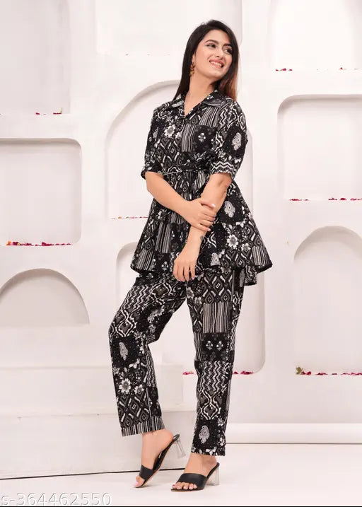 VCJ Present Women's cotton printed coord set, short sleeve summer outfit with net detail, India origin