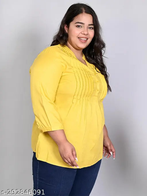 Yellow solid rayon longline top with three-quarter sleeves and plus size mandarin collar, perfect for women's fashion and versatile wardrobe