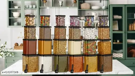 Transparent airtight canister set, BPA-free & stackable for fridge storage. Black pack of 24 in 350ml, 650ml, 950ml, and 1400ml sizes