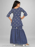 Printed rayon kurta & sharara set for kids, A-line top with long sleeves and matching dupatta, Indian ethnic wear crafted from Cambric Cotton