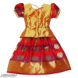 Cotton-silk kids' Madhura Pattu Pavadai with waist belt, traditional floral design, available in various sizes for festivals and parties. Made in India
