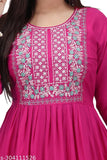 Deep Pink Rayon Embroidered Gown Kurti, 100% soft Cotton Blend fabric. Casual occasion wear, V-neck, three-quarter sleeves, side slits. Hand wash or machine wash separately, medium iron. Indian handcrafted style