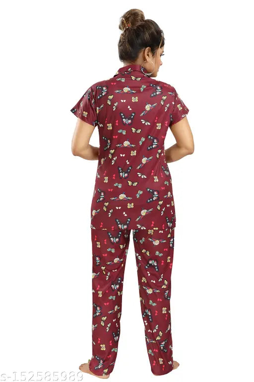 Butterfly print satin night suit for women/girls, stylish and comfortable sleepwear