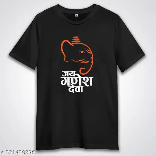 Black cotton round neck t-shirt, Ganesh graphic printed, Ganpati Bappa Morya religious design