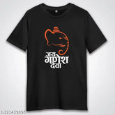 Black cotton round neck t-shirt, Shri Ganesh graphic printed, Ganpati Bappa Morya religious design, Ganesh Chaturthi special