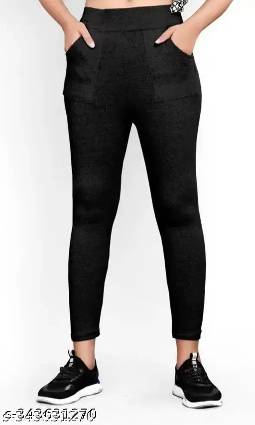 Cotton blend solid ankle type pocket jeggings, breathable and stretchy for outdoor or casual wear (size 26-34in)