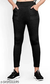 Cotton blend solid ankle type pocket jeggings, breathable and stretchy for outdoor or casual wear (size 26-34in)