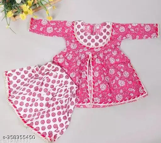 Pink rayon A-line kurti set with sharara bottom for baby girls