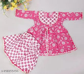 Pink rayon A-line kurti set with sharara bottoms for baby girls