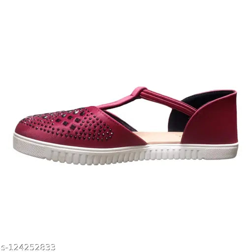 Red maroon synthetic ballet flats for women's festival, wedding, party, school or college use - embellished design, closed back, comfortable walking