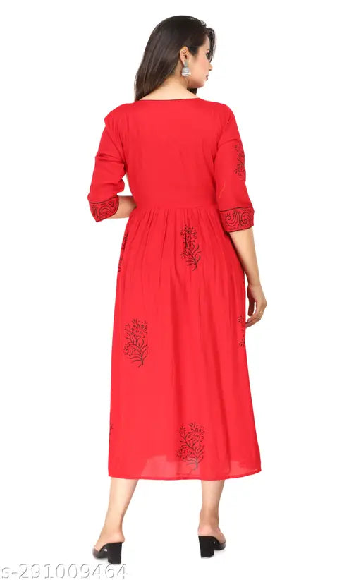 Rayon three-quarter sleeve handblock printed kurti for women in vibrant Indian pattern