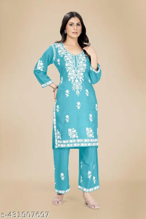Embroidered rayon kurta palazzo set, three-quarter sleeves, M-XXXL sizes, Indian-inspired fashion wear