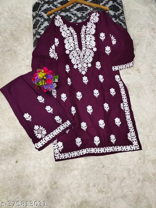 Rayon slub 14kg chikankari Kurta and Sharara set in wight dhaga, intricate Indian embroidery on vibrant printed fabric