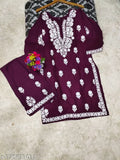 Rayon slub 14kg chikankari Kurta and Sharara set in wight dhaga, intricate Indian embroidery on vibrant printed fabric