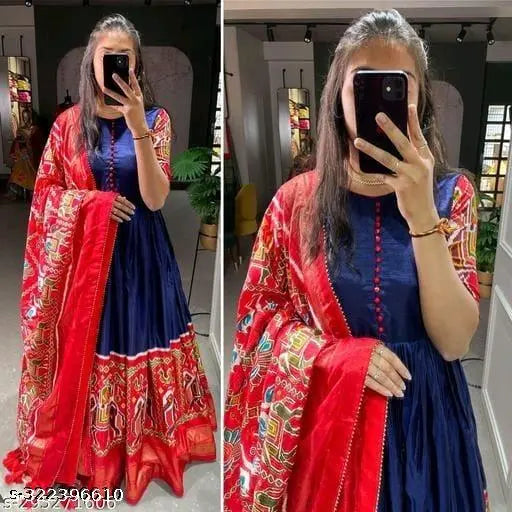 Red and Blue Patola Print Indian Crepe Gown with Dupatta, short sleeves, S-XXXL sizes