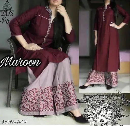 Festival Special Aagyeyi Petite Women's Rayon Kurta Sets with Palazzos, solid net, three-quarter sleeves. Indian traditional outfit for M, L, XL, XXL sizes