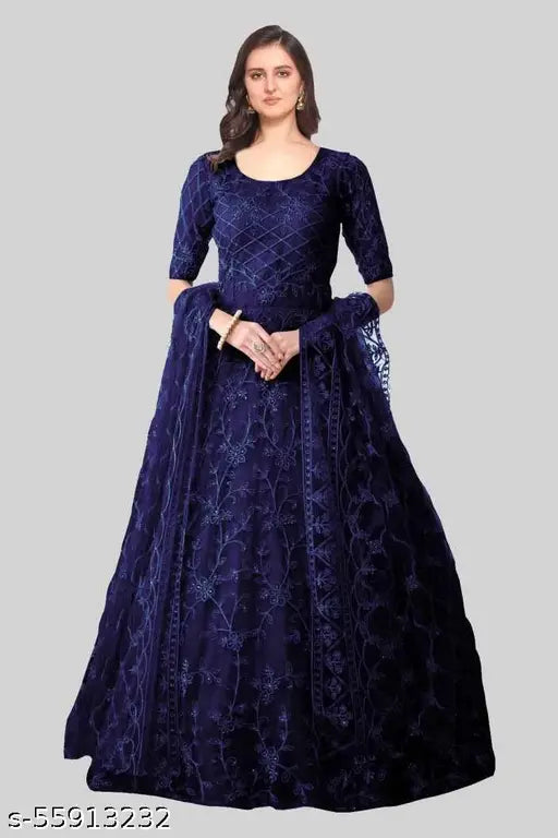 Blue net embroidered gown, free size (42in bust, 56in length, 44in waist), Indian-origin fashion