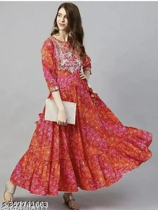 Red rayon bandhani printed three-quarter sleeve frock-style party wear kurti for women