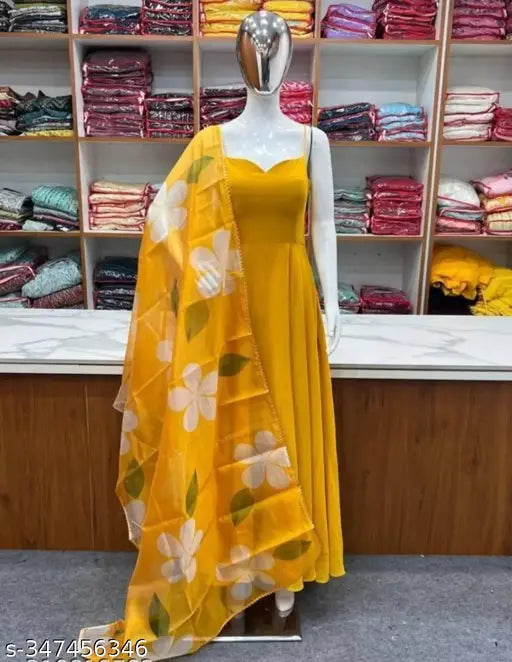 Yellow georgette sleeveless gown, vibrant flower pattern, women's fashion in size M, L, XL, XXL (India)