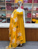 Yellow georgette sleeveless gown, vibrant flower pattern, women's fashion in size M, L, XL, XXL (India)