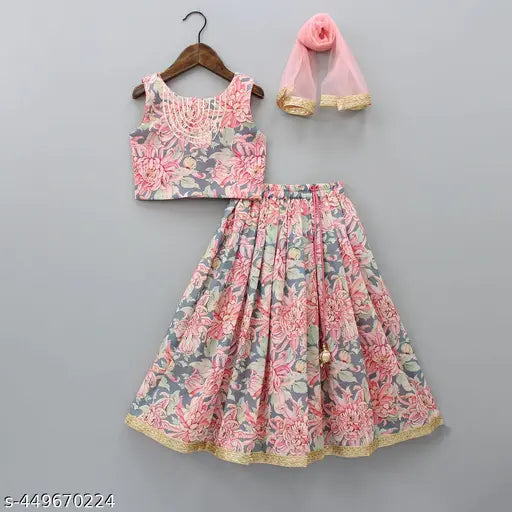 Sleeveless crepe and dupion silk lehenga choli set with net dupatta for girls, vibrant floral print design