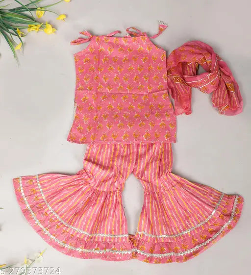 Red cotton printed kurti sharara set with dupatta for baby girls, vibrant Sanganeri print and Gota Patti detailing