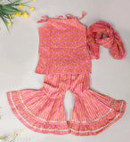 Red cotton printed kurti sharara set with dupatta for baby girls, vibrant Sanganeri print and Gota Patti detailing