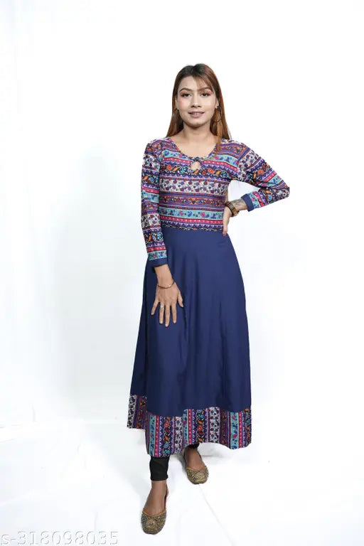 Crepe floral print ethnic kurtis, three-quarter sleeves. XS-XXL sizes available. Indian traditional Anarkali design