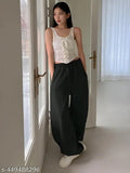 Black straight-fit joggers with pockets, solid net material for women's sleepwear or casual wear
