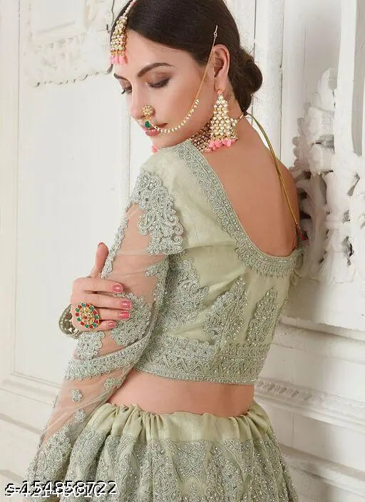 Trendy net embroidered women's lehenga-choli set, semi-stitched (42in waist, 42in length), Indian-made