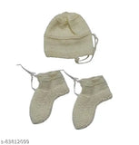 Off-white woolen sweater, cap, and booties for newborns (0-6 months), handmade in India
