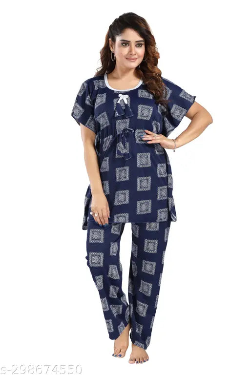 Women's printed polyester nighty with drawstring, Indian-made kaftan pyjamas for women's sleepwear