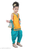Embellished dupion silk A-line kurta set for kids girls, suitable for all seasons. Patiala bottom and short sleeves. Indian origin