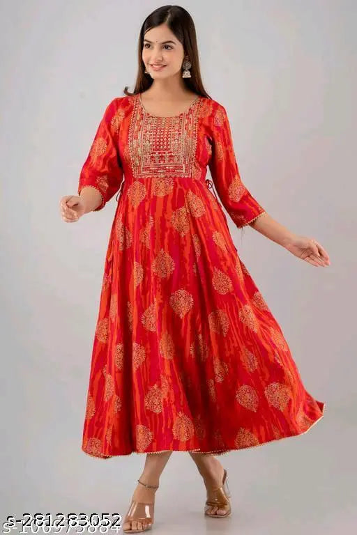 Orange rayon Anarkali Kurti with gold embroidery and print, three-quarter sleeves