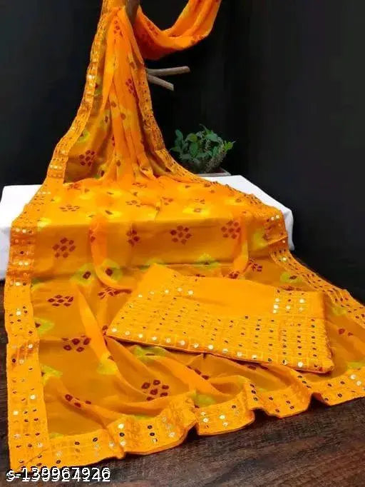 Dupion silk saree with mirror border print, single pure wetless 6.3 cut including separate blouse piece in Georgette fabric, Indian origin