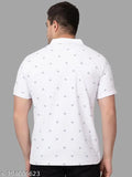 White Polyester Men's Half-Sleeve Polo T-Shirt with Printed Design, India origin