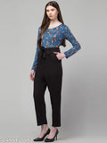 Pink Viscose summer jumpsuit for women, high-waisted with drawstrings and long sleeves