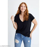 Solid black viscose t-shirt for women, stylish short sleeves in M or L from India