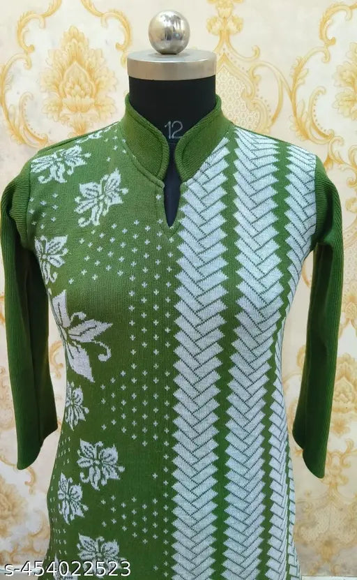 Trending woolen kurti in natural hues, long sleeves, printed pattern. S (36in bust, 40in length), M (38in bust, 40in length), L (40in bust, 41in length), XL (42in bust, 42in length)